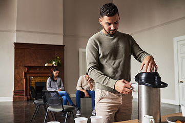 Image showing Mental health, therapy and coffee with man in support group for counseling, advice and communication. Healing, addiction and depression with patient in meeting for anxiety, grief and problems