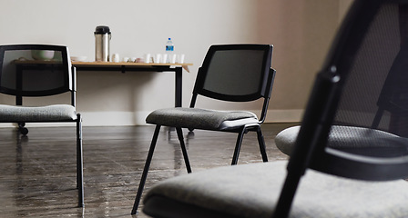 Image showing Group therapy, mental health or circle furniture in empty room, clinic or asylum building for trauma, ptsd or anxiety counselling. Chairs, support or community psychology counseling for help meeting