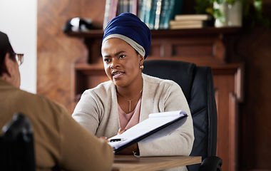 Image showing Consulting, signature or serious legal black woman with senior planning on documents for insurance, loan or agreement. Lawyer, financial advisor speaking with elderly for retirement deal will review