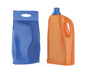 Image showing Liquid detergent bottle and washing powder bag