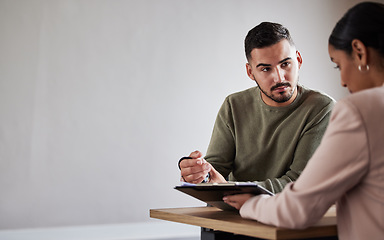 Image showing Legal contract, injury or man with lawyer woman planning labor law for insurance, compliance and HR agreement. Mockup, advisor and consulting client for security claim or disability compensation