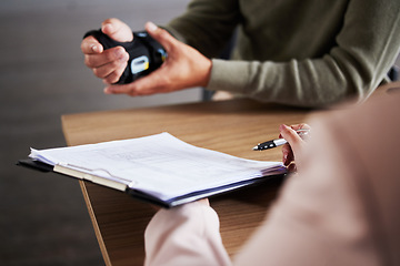 Image showing Hand injury, document and man compensation paperwork, insurance, legal contract or lawyer consulting. Disability people, attorney or advocate in negotiation, policy advice or accident report closeup