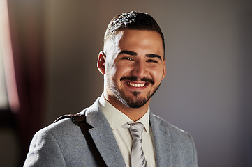 Image showing Portrait, business man smile and lawyer face of a legal associate in office ready for corporate law. Businessman, company employee and notary advocate from Cuba with consultant and success