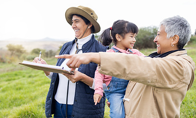 Image showing Senior farmer women, checklist and field at family farm, laugh and bonding love with girl kid outdoor. Old woman, child and writing in countryside, farming and happiness in nature with landscape