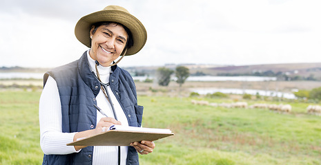 Image showing Clipboard, farmer and portrait of a woman on a farm with checklist to monitor growth and development. Happy, smile and mature female working on sustainable, agriculture and agro field in countryside.