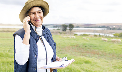 Image showing Phone call, veterinarian and woman on farm talking or chatting to contact with checklist outdoors. Agro, agriculture and happy elderly doctor with clipboard and 5g mobile smartphone for networking.