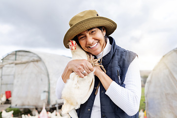 Image showing Chicken farmer, woman and smile for agriculture in field, environment and countryside. Portrait of worker, poultry farming and animal birds for sustainability, eggs production and food trade industry