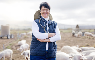 Image showing Veterinarian portrait, pig or happy woman with animals to check livestock wellness or agriculture on farm. Smile, face or senior person working to protect pigs healthcare for barn or sustainability