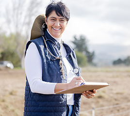 Image showing Farm veterinary, clipboard and woman in portrait for healthcare inspection, agriculture checklist and agro research. Vet doctor, medical check and mature farmer person writing notes with happy face