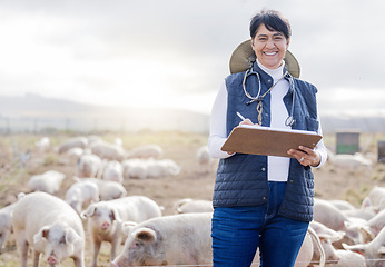 Image showing Portrait, pig or veterinarian writing on farm with animals, livestock wellness or agriculture checklist. Smile, face or senior happy woman working to protect pigs healthcare for barn sustainability