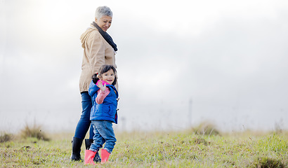 Image showing Farmer, kid and parent with child on a farm with mockup and teaching future generation about organic farming or sustainability. Portrait, waving and mother with little girl learning ecology