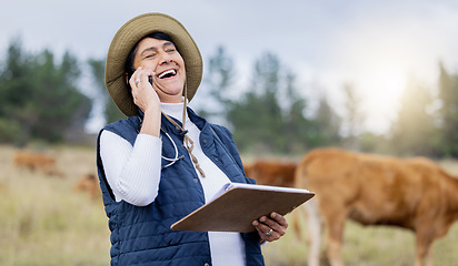 Image showing Veterinarian, phone call or happy woman laughing on farm to check cattle livestock wellness or animals environment. Field, joke or funny senior person networking to protect cows healthcare on barn