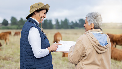 Image showing Cow, farmer or veterinarian writing checklist to monitor animals, livestock wellness or field agriculture. Cattle, senior or happy people working to protect cows healthcare for growth sustainability