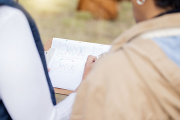 Image showing Chart, farmer or veterinarian writing checklist to monitor land or nature wellness or agriculture on field. Blurry, paperwork on clipboard or healthcare people working on barn with data analysis info