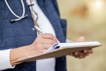Image showing Veterinarian, farm or hands writing a checklist to monitor medical wellness or agriculture on field. Zoom, clipboard or person working to protect healthcare for barn sustainability in nature or land