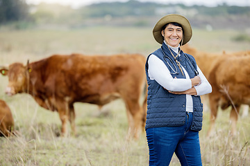Image showing Agriculture, cows and vet portrait of woman happy with cattle health, free range management and agro industry. Veterinary, farming expert and proud farmer person with animal growth in countryside