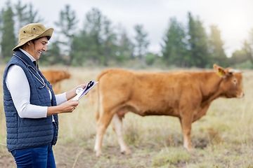 Image showing Agriculture, cow veterinary and woman with clipboard for inspection, checklist and animal wellness. Farm, healthcare and happy senior vet working in countryside, cattle farming and rural livestock