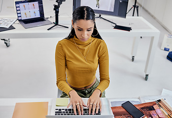 Image showing Photography editing, creative typing and woman working on web software for photo edit. Media, fashion photographer and photoshoot planning of a female studio employee doing computer work for press