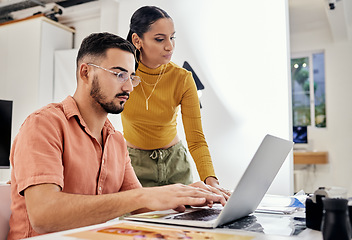 Image showing Photography production, laptop and web collaboration of creative design employee after photoshoot. Studio, teamwork and magazine shoot planning of photographer agency workers with communication