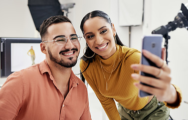 Image showing Couple, phone selfie and film studio for smile, camera and vision for fashion, magazine and app. Photographer girl, focus and smartphone with social media, happy or photoshoot for gen z partnership