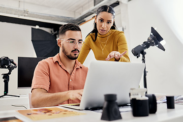 Image showing Photography, laptop production edit and collaboration of creative design employee after photoshoot. Studio. teamwork and magazine shoot planning of photographer agency workers with communication