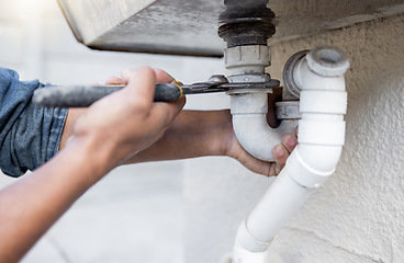 Image showing Hands, tool and pipe with a man plumber fixing a water system as a DIY handyman for maintenance. Building, construction or plumbing with a professional contractor working to install pipeline drainage