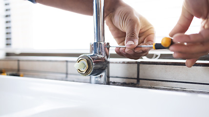 Image showing Plumber man, tap and hands with screw tools of building maintenance, renovation and service. Closeup handyman, faucet and plumbing of engineering contractor, upgrade pipeline system and mechanic work