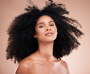 Image showing Hair care, beauty and portrait of black woman face in studio for shampoo growth and shine. Aesthetic model with natural curly afro for cosmetic, facial skincare and makeup glow on gradient background