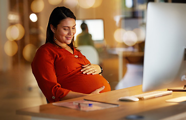 Image showing Pregnant, stomach and business woman in office with happy, love and excited for future baby at desk. Maternity leave, pregnancy and female worker working late at night with happiness, hope and relax