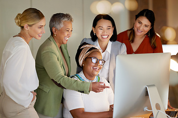 Image showing Computer, management and a business woman with her team, working in the office while laughing or joking. Collaboration, diversity or coaching with a senior female manager training staff at work