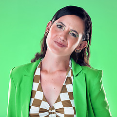 Image showing Funky, fashion and portrait of woman isolated on green background for creative cosmetics, trendy style and retro aesthetic. Face of model or person headshot for beauty, clothes and makeup in studio