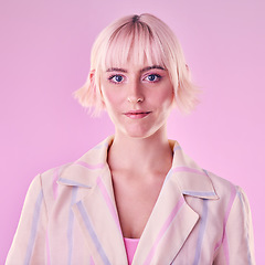 Image showing Portrait of happy gen z woman on pink background, summer fashion and designer clothing in studio. Young, trendy and creative aesthetic, face of model isolated with unique and retro style in Australia