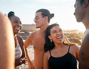 Image showing People, laughing or bonding on sunset beach in social gathering joke, group vacation comedy or comic summer holiday. Smile, happy women or diversity friends in travel party and funny sea storytelling