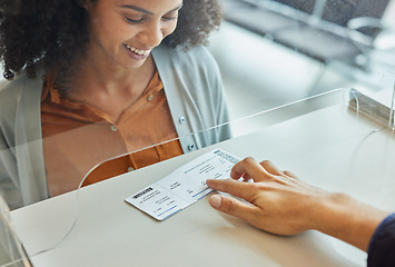 Image showing Travel, ticket and airport with black woman at check in desk for. registration, vacation and boarding flight. Documents, passport and departure with passenger at counter for journey and holiday