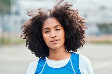 Image showing Sports, portrait and netball player on the court for an outdoor game, competition or training. Fitness, health and female athlete from Puerto Rico standing on a field after practice or a match.