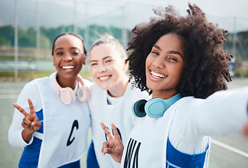 Image showing Friends, selfie and women in portrait, netball and sports with team on court outdoor, smile and peace hand sign. Diversity, headphones and gen z with fitness, train for game and happy in picture