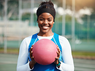 Image showing Portrait, black girl with netball and sports with smile, fitness and training for game outdoor, happy teen and ready. Exercise, athlete and African female with ball, healthy and active lifestyle