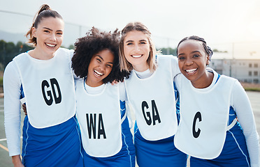 Image showing Netball, team and friends in portrait, women on outdoor court and smile, sports group and diversity. Happy athlete workout together, training for game and gen z with fitness and trust with support