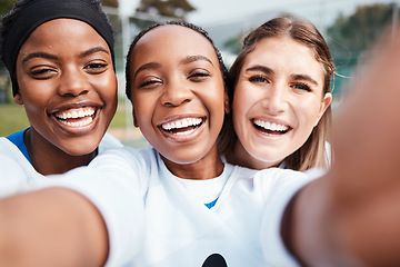 Image showing Black woman, friends and portrait smile for selfie, vlog or sports team in social media outdoors. Happy sporty women smiling for profile picture, photo or online post in memory for netball sport day