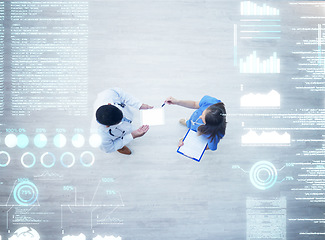 Image showing Planning, teamwork or overlay of doctors, nurse or medical healthcare digital data schedule in lobby top view. Futuristic, medicine or collaboration for on tech for research or analytics in hospital