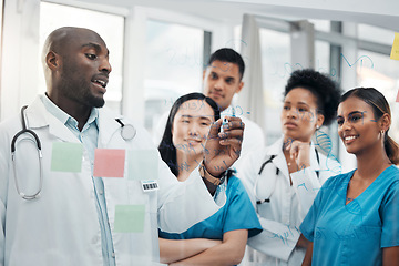 Image showing Learning, mentor and writing with doctors in meeting for research, medical and education with sticky note. Healthcare, teamwork and students with group of people for science, medicine and planning