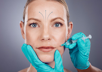 Image showing Plastic surgery, beauty and portrait of woman with injection for lip filler, cosmetics and model in studio. Skincare, dermatology and girl with needle for anti aging, face lift and facial treatment