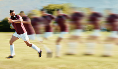 Image showing Sports, rugby and running with man on field for training, fitness and speed action in championship. Fast, workout and blur sequence with athlete playing in game for competition, exercise and cardio