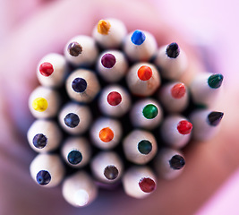 Image showing Pencil zoom, color and stationery with school or art supplies top view, drawing with education and creative writing tools. Creativity, rainbow and colorful close up, artistic instrument and learning