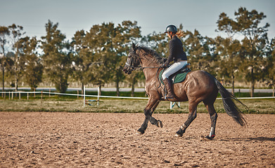 Image showing Woman, equestrian training and horse ride with mockup in nature on countryside grass field. Animal, young jockey and farm of a rider and athlete with mock up outdoor doing saddle sports with horses