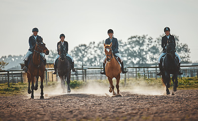 Image showing Equestrian, horse riding group and sports, women outdoor in countryside with rider or jockey, recreation and action. Animal, sport and fitness with athlete, competition with healthy lifestyle