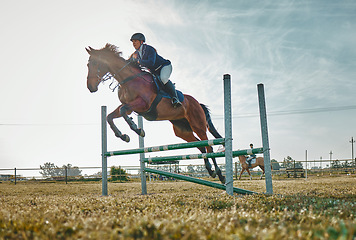 Image showing Training, competition and woman on a horse for sports, an event or show on a field in Norway. Jump, action and girl doing a horseback riding course during a jockey race, hobby or sport in nature
