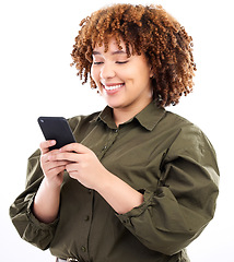 Image showing Black woman, phone and studio with a young model reading on social media networking app. Online, streaming and web conversation with a African female looking at happy text with a smile on mobile