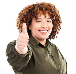 Image showing Thumbs up, black woman and portrait of a young model in isolated white background in studio.Thank you, yes and like emoji hand sign of a female showing okay, agreement and approval hands gesture