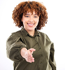 Image showing Welcome, handshake and portrait black woman with hand out, smile and thank you on white background. Agreement offer, onboarding deal or partnership in business, hr hiring manager isolated in studio.